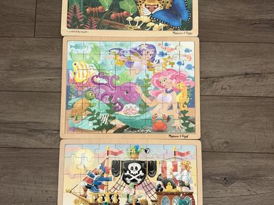 Melissa & Doug Wooden Jigsaw Puzzles - Set of 3 (48 Pieces Each) - Jungle, Mermaid, Pirate