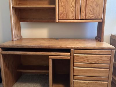 Solid Oak Wood Computer Desk with Upper Hutch, Keyboard Tray and Storage Drawers