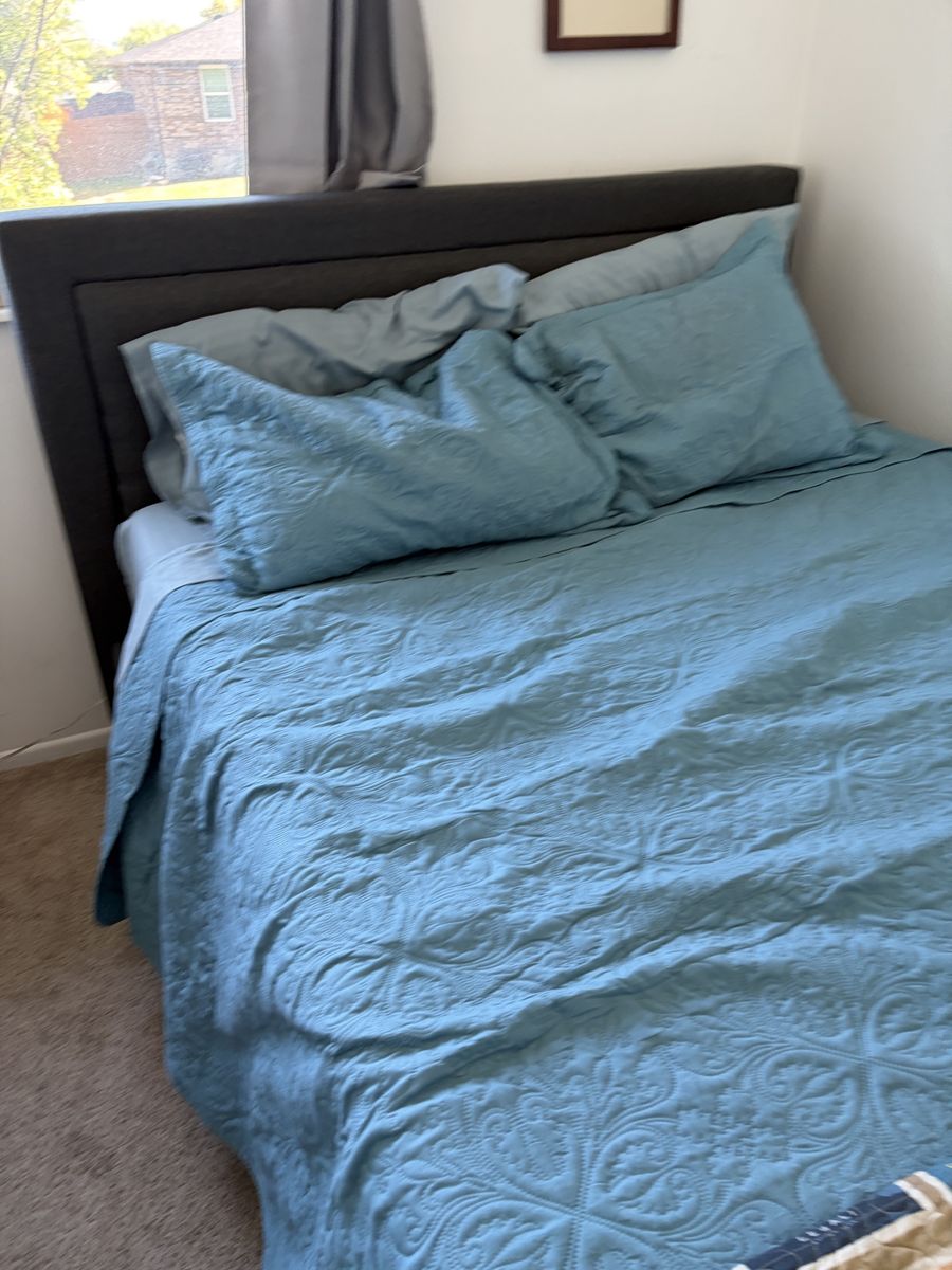 Upholstered Dark Gray Queen Headboard with memory foam mattress 