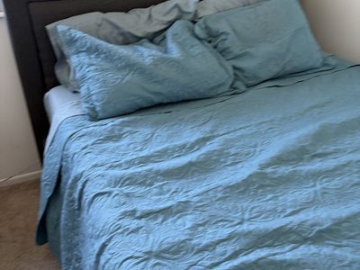 Upholstered Dark Gray Queen Headboard with memory foam mattress