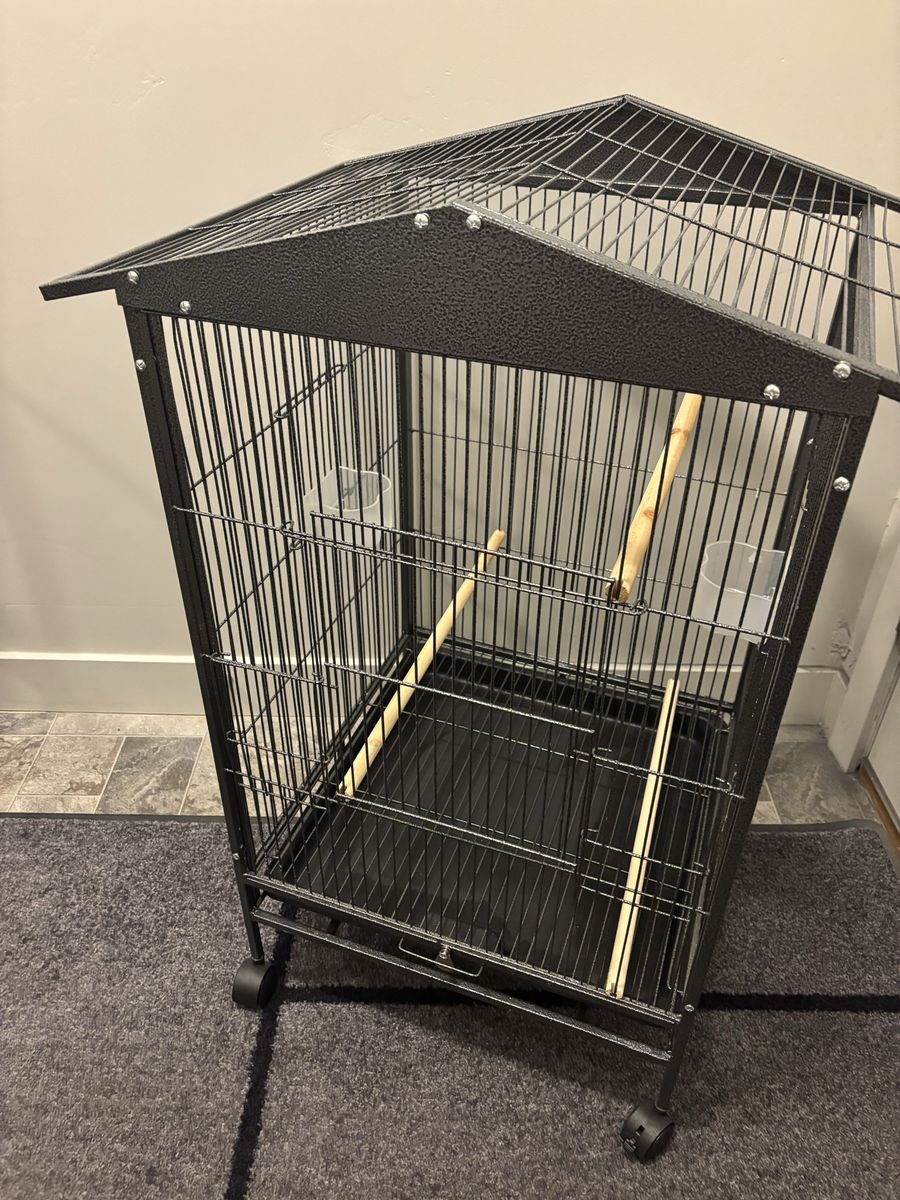 Large Black Metal Rolling Bird Cage with House Top Roof and Perches 