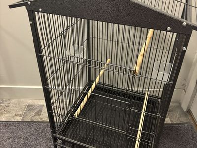 Large Black Metal Rolling Bird Cage with House Top Roof and Perches