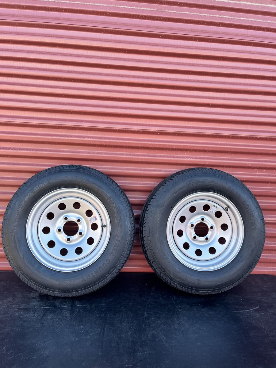 Set of 2 Free Country ST 205/75 D 15      Trailer Tires Mounted on New Silver Mod Wheels 5 on 4.5 Pattern Brand New