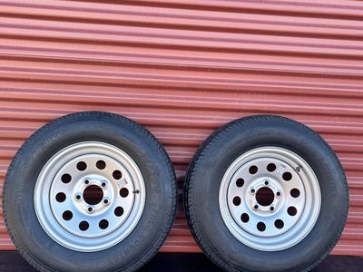 Set of 2 Free Country ST 205/75 D 15 Trailer Tires Mounted on New Silver Mod Wheels 5 on 4.5 Pattern Brand New