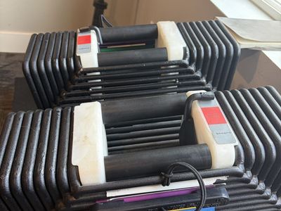 PowerBlock Adjustable Dumbbells, Pair, 80 lbs Each - Good Used Condition, Repaired
