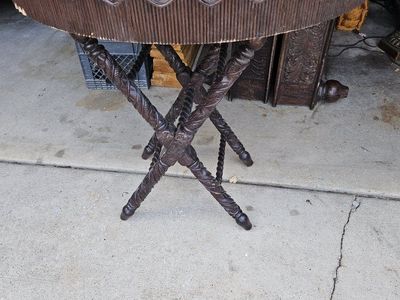 Vintage Carved Wooden Accent Table with Scalloped Tray Top and Barley Twist Legs