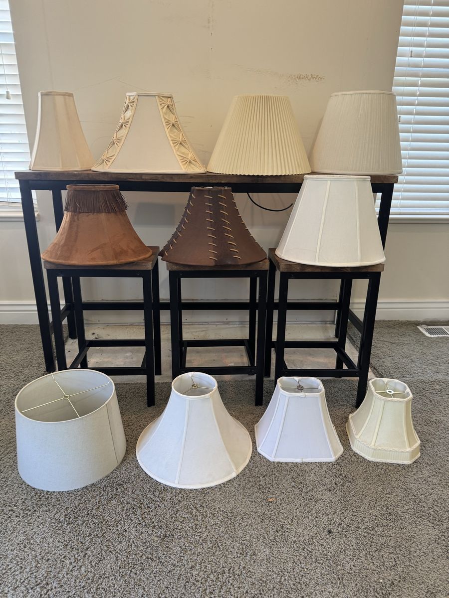 Assorted Lamp Shades - White, Brown, Pleated, Fringed, and Stitched Designs