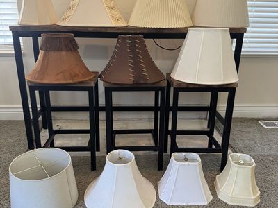Assorted Lamp Shades - White, Brown, Pleated, Fringed, and Stitched Designs