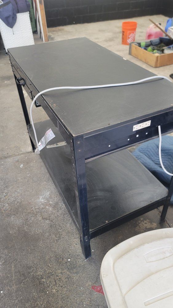 free Heavy-Duty 2-Shelf Work Table with Built-in Power Strip - Durable Garage/Workshop Bench