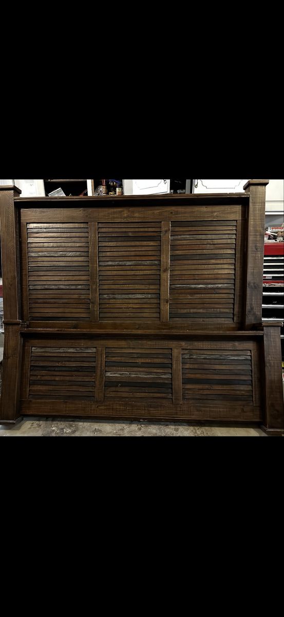 Rustic Dark Wood Slatted Headboard and Footboard Set