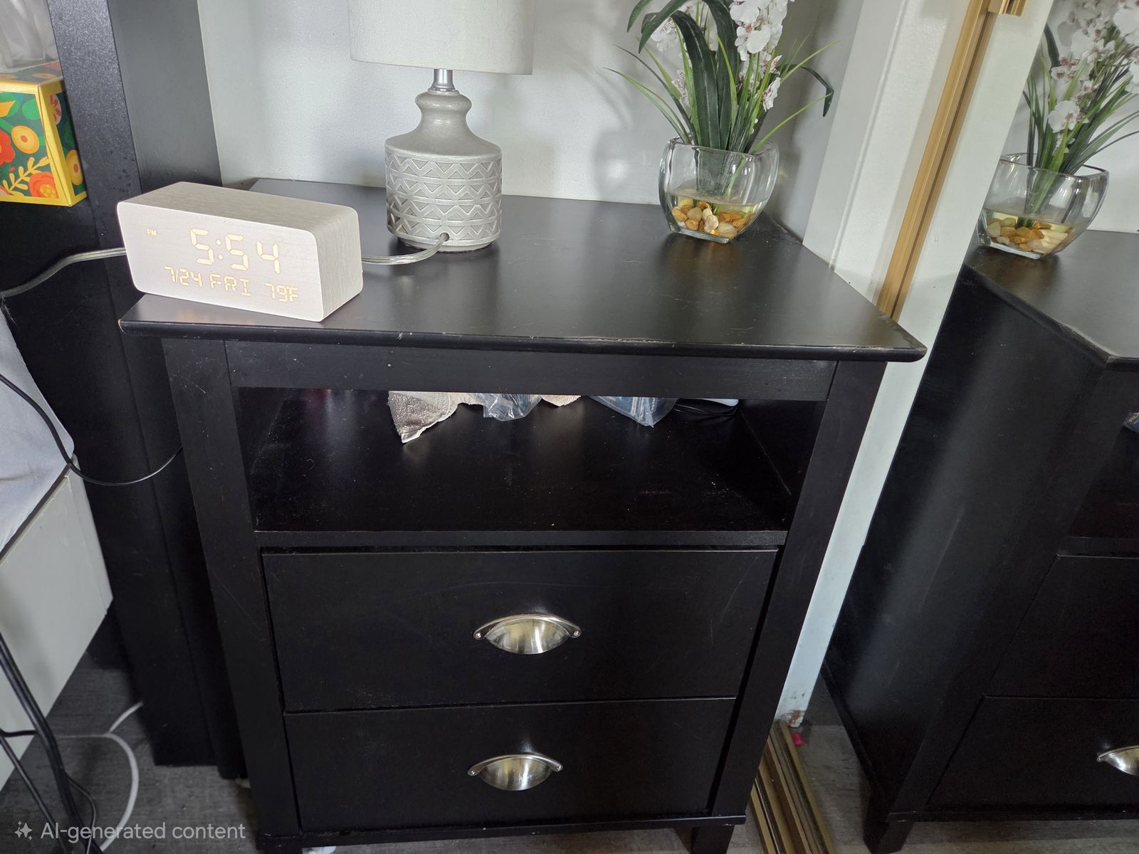 Black Nightstand with 2 Drawers & Open Shelf - Wood Construction, Silver Hardware