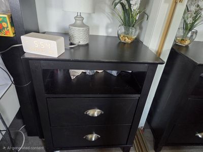 Black Nightstand with 2 Drawers & Open Shelf - Wood Construction, Silver Hardware