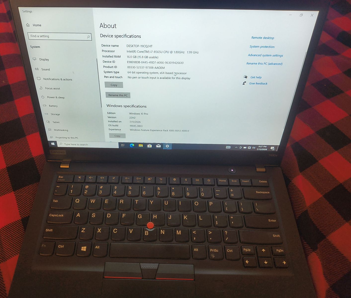 Lenovo ThinkPad T490S Intel Core i7-8565U