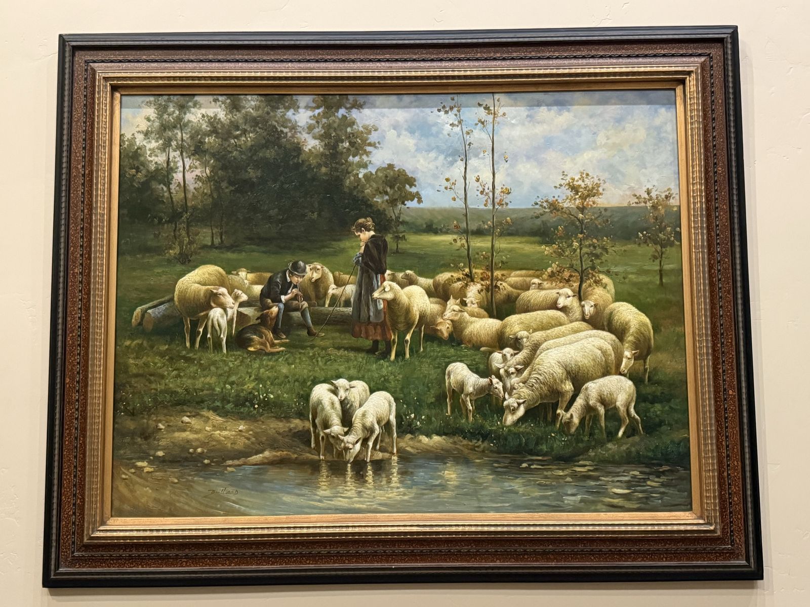 Guarding The Flock “Sheep” “Lambs” by Luigi Chialiva Canvas Painting Ornate Luxury Framed  XL Art 48”x60”