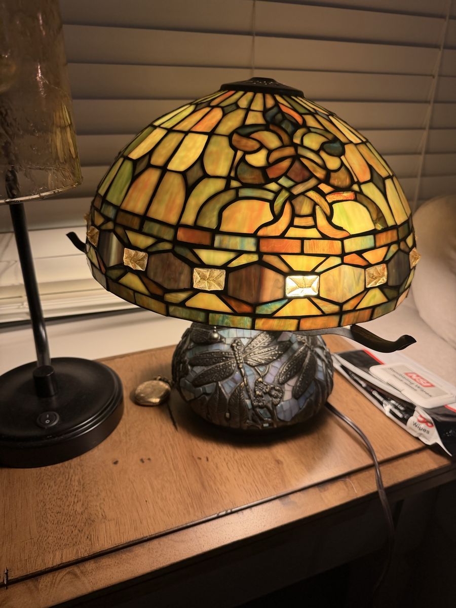 Vintage Tiffany Style Stained Glass Dragonfly Accent Lamp with Metal Base