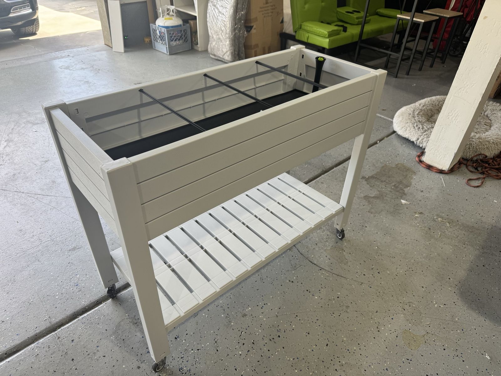 New White or Grey Raised Garden Bed Planter with Casters and Storage Shelf