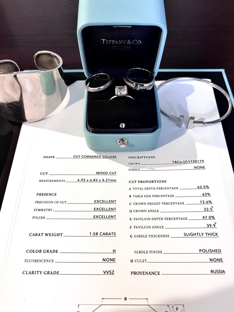 Tiffany 1.58 c eng ring+2 wedding bands/2 braclets