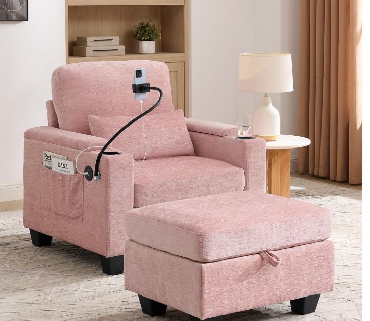 Brand New Pink Single Sofa Recliner with manually Adjustable backrest and ottoman