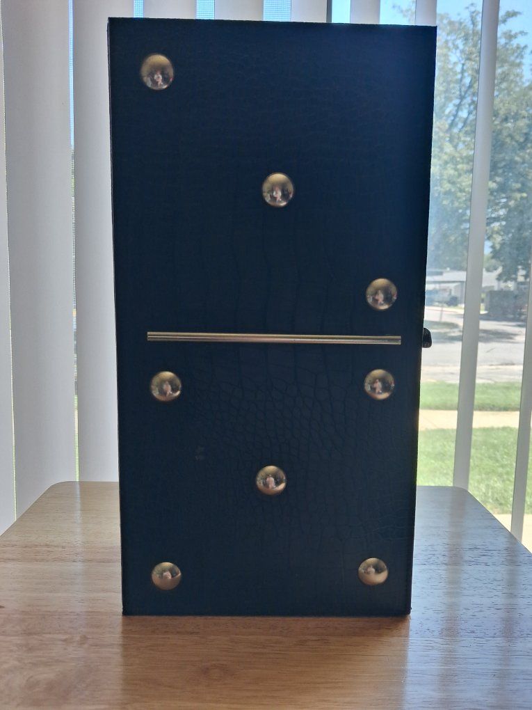 Vintage Faux Croc Black Domino Set with Storage Box and Metal Stud Pips