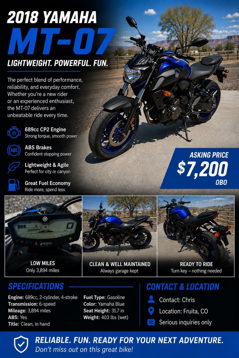 2018 Yamaha MT-07 - Mileage (3,894 Miles), ABS, Garage Kept