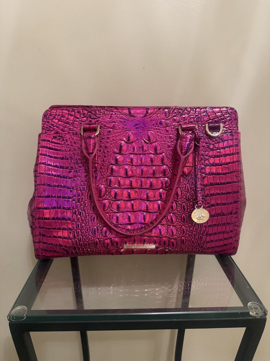 Brahmin Metallic Pink Iridescent Croc-Embossed Leather Satchel Bag