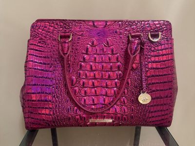 Brahmin Metallic Pink Iridescent Croc-Embossed Leather Satchel Bag