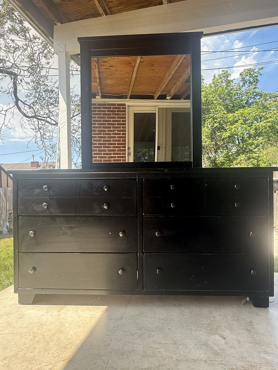 Black Wooden Dresser with Mirror - 6 Drawers
