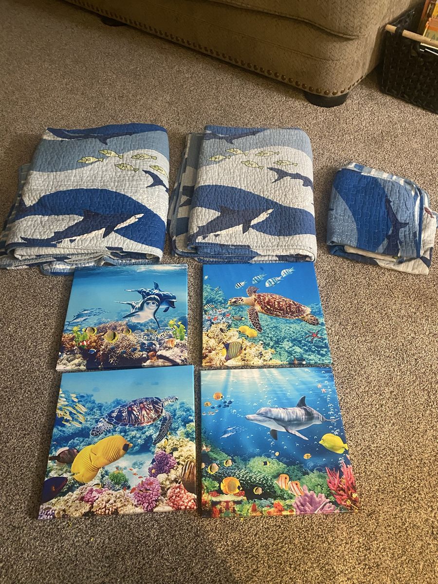 Ocean Life Bedding & Canvas Art Set - Shark Quilts & Sea Turtle Wall Decor