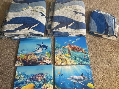 Ocean Life Bedding & Canvas Art Set - Shark Quilts & Sea Turtle Wall Decor