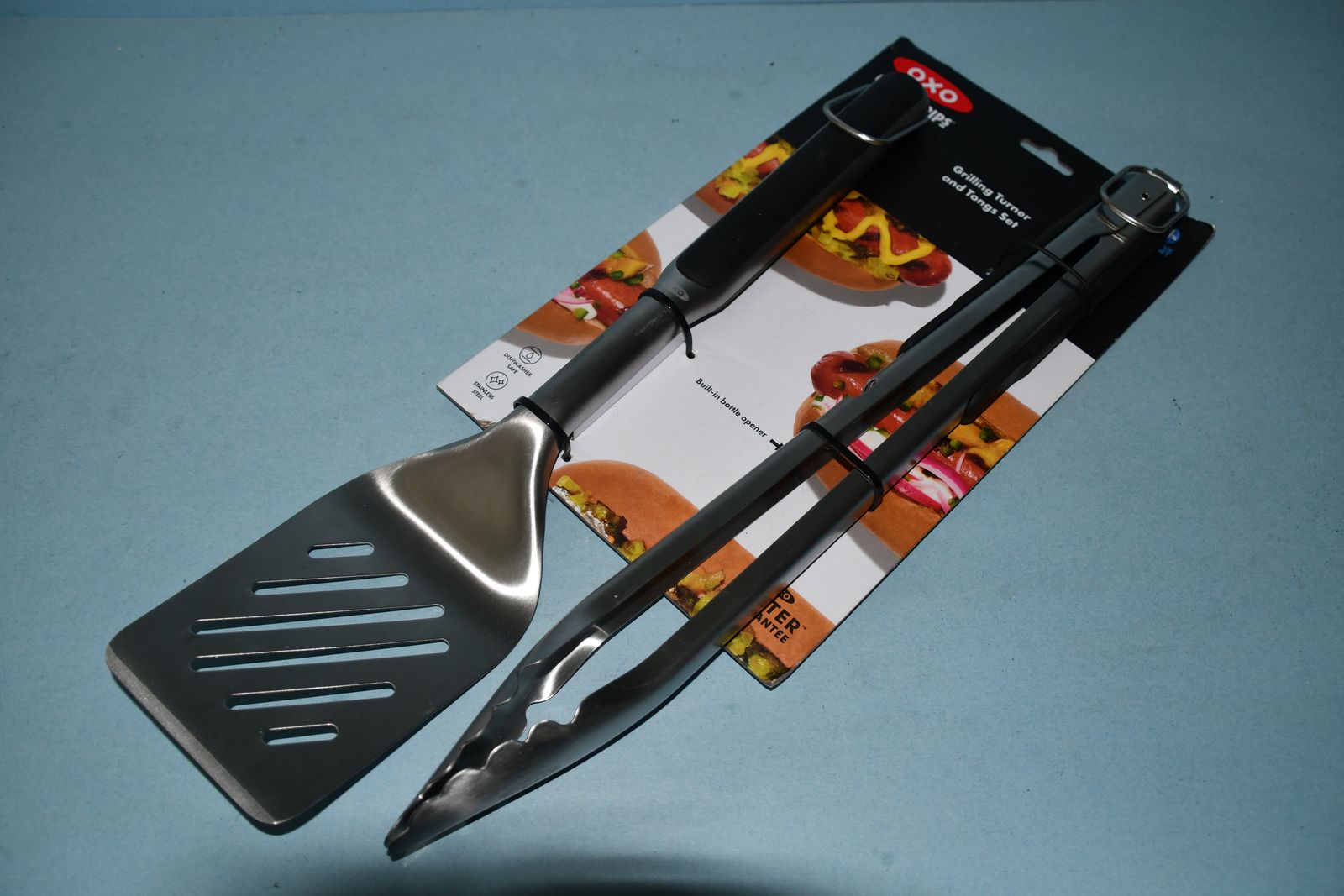 NEW OXO BBQ GRILLING TURNER & TONGS SET ~ STAINLESS STEEL ~ DISHWASHER SAFE