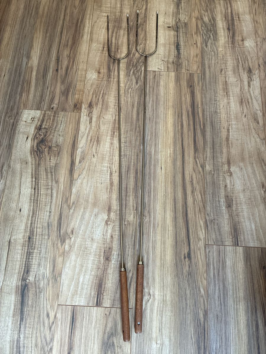 Pair of Vintage Long Metal Marshmallow & Hot Dog Roasting Forks with Wooden Handles