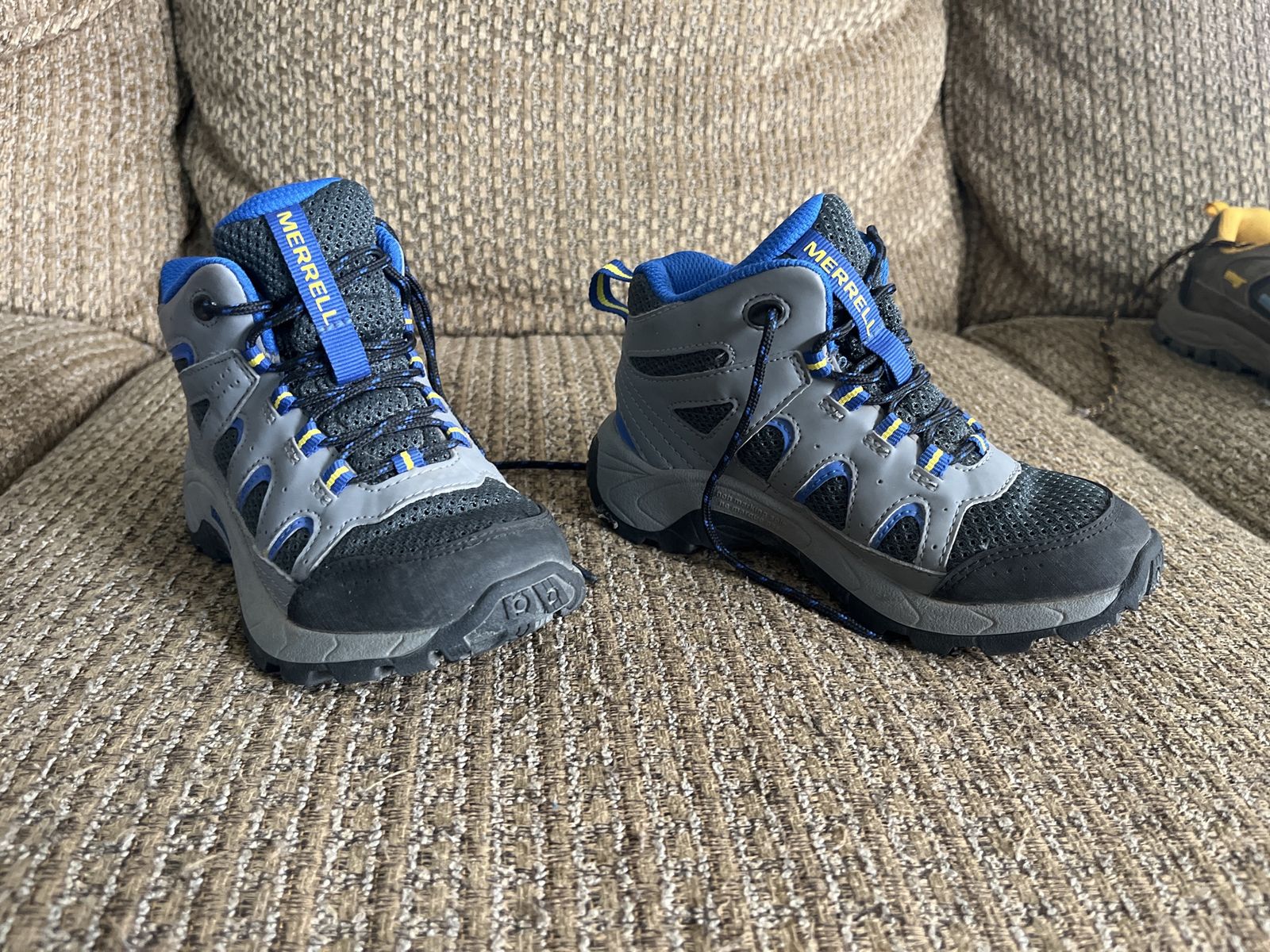 Merrell Boys' Trail Chaser Hiking Boots - Grey/Blue with Yellow Accents, Size 11 toddler- Excellent Condition