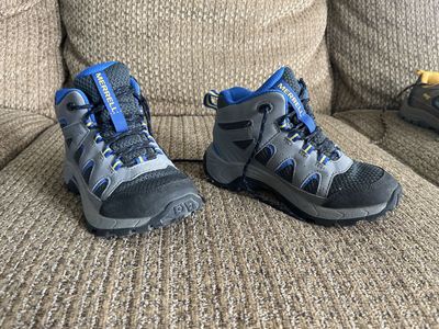 Merrell Boys' Trail Chaser Hiking Boots - Grey/Blue with Yellow Accents, Size 11 toddler- Excellent Condition