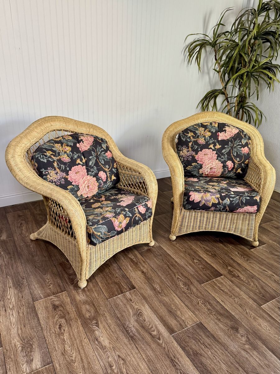 Pair Vintage Wicker Lounge Chairs w/ Floral Cushions