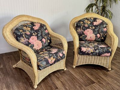 Pair Vintage Wicker Lounge Chairs w/ Floral Cushions