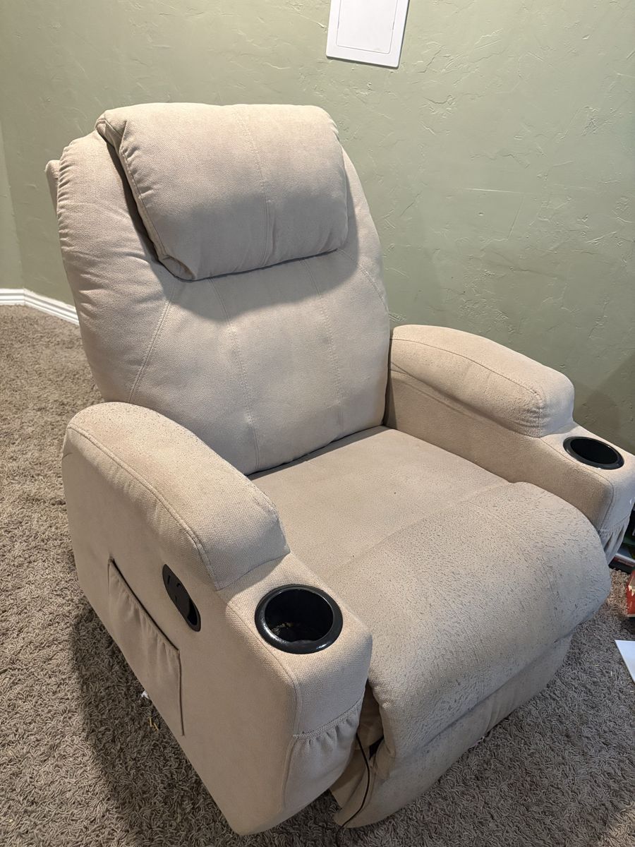 Beige Fabric Recliner Chair with Dual Built-in Cup Holders and Side Storage Pockets