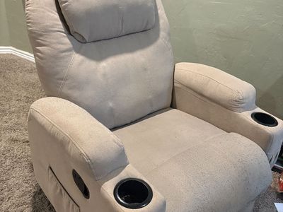 Beige Fabric Recliner Chair with Dual Built-in Cup Holders and Side Storage Pockets
