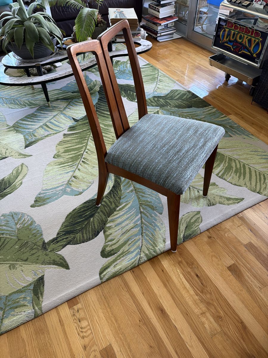 Vintage Mid-Century Modern Wooden Dining Chair with Blue Fabric Seat