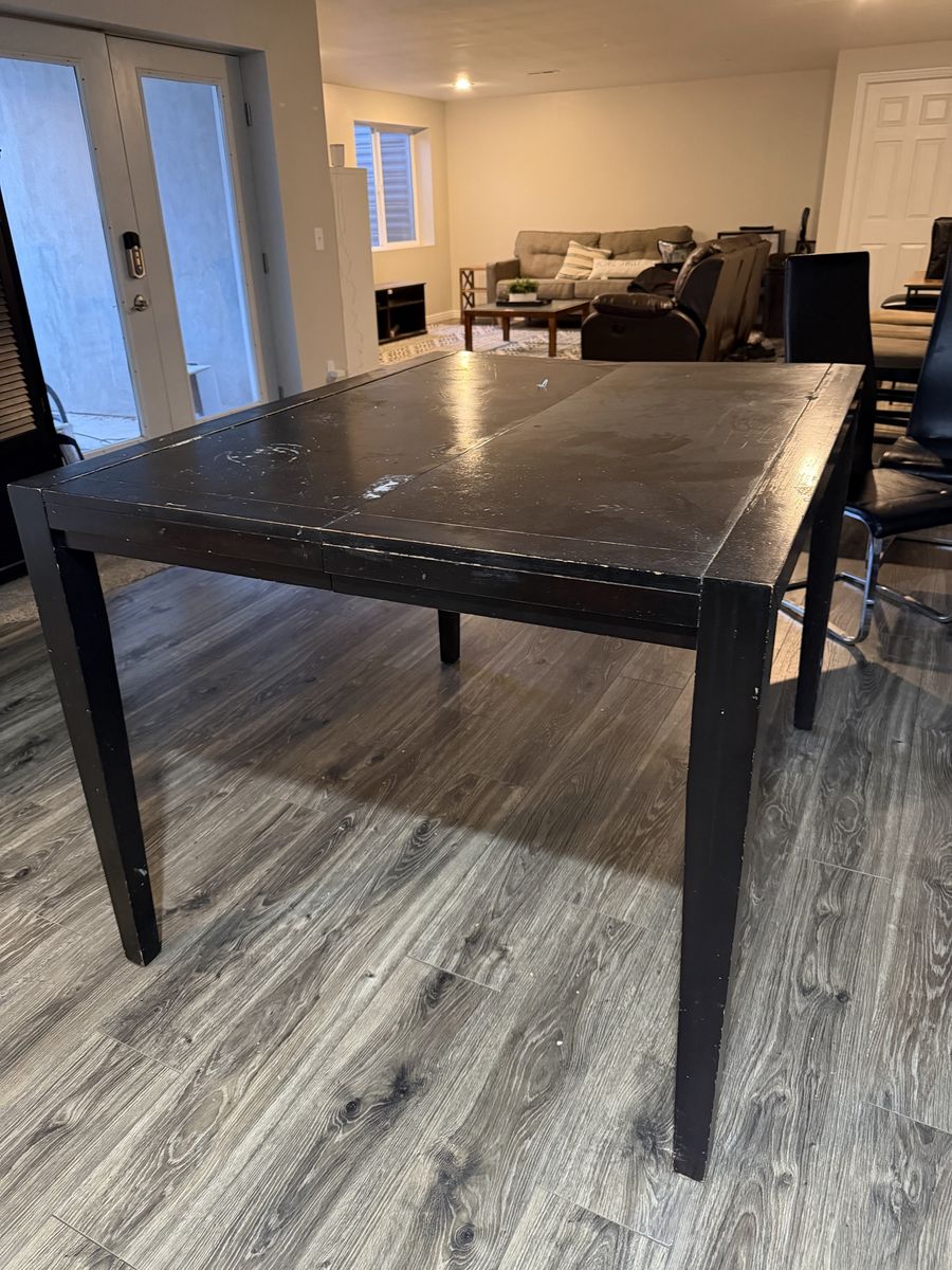 Barstool Height Dining Table with Leaf & 4 Chairs - Black Finish (Needs Refinishing)