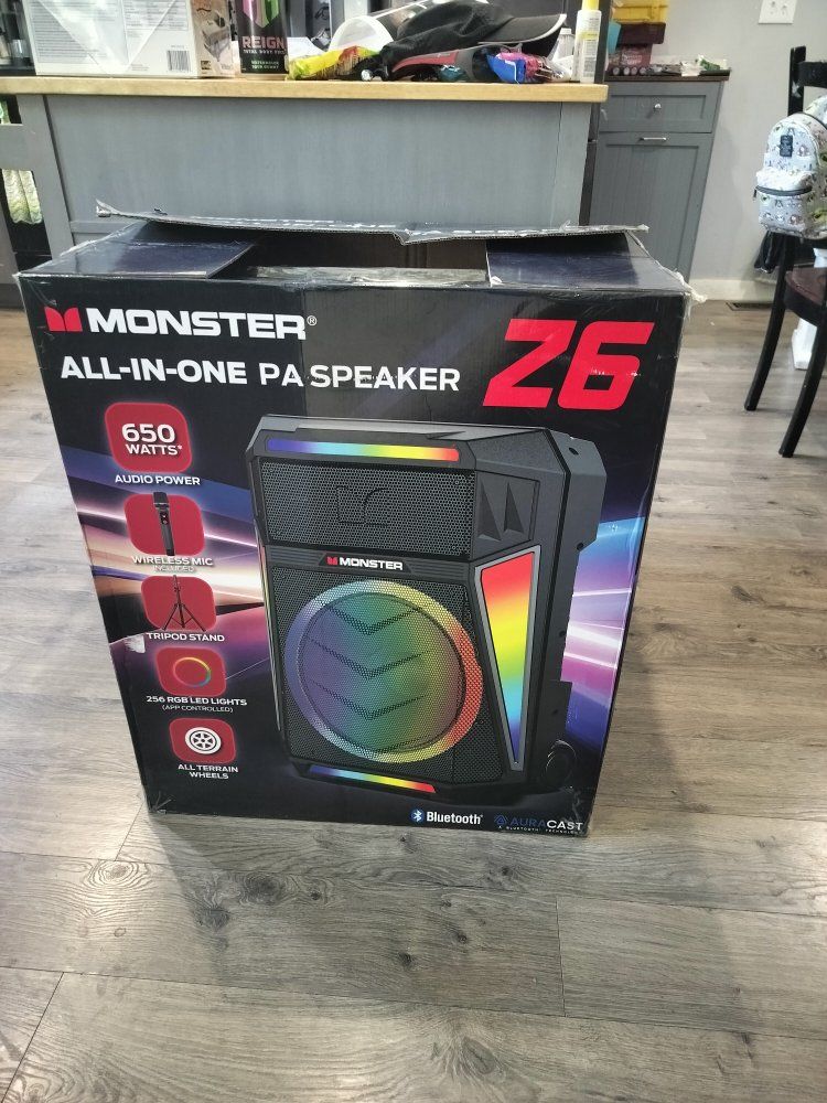 Monster Z26 All-in-One PA Speaker System - 650 Watts, RGB LED Lights, Wireless Mic