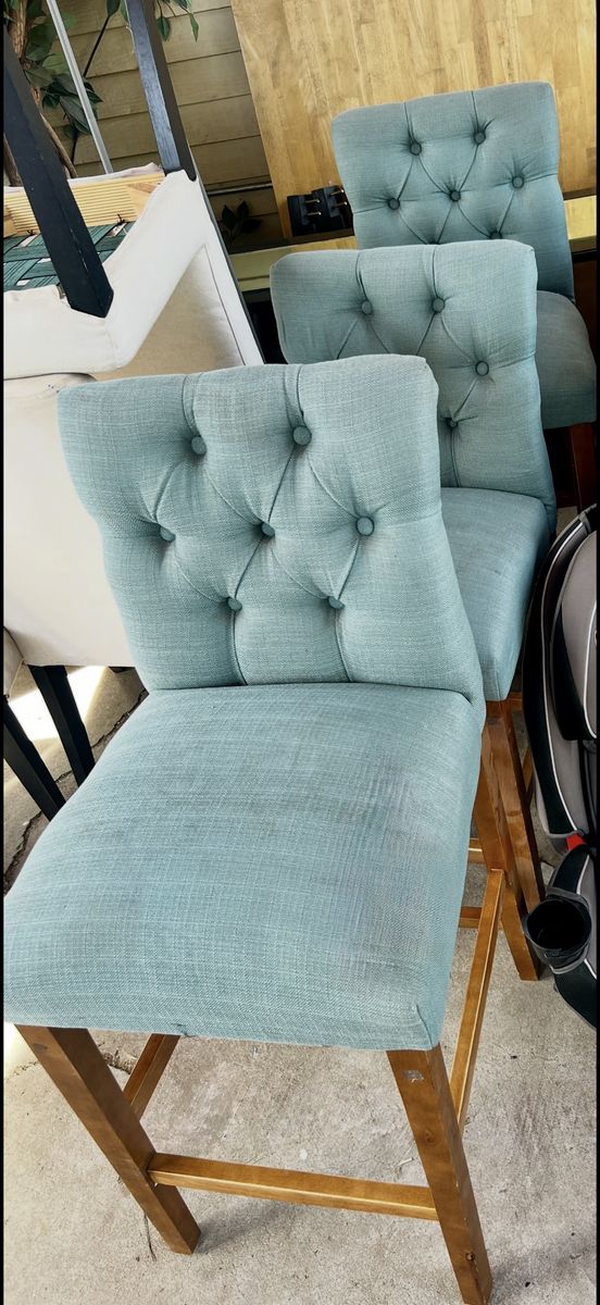 Set of 3 Aqua Blue Tufted Bar Stools with Wooden Legs - Used Furniture