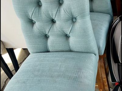Set of 3 Aqua Blue Tufted Bar Stools with Wooden Legs - Used Furniture