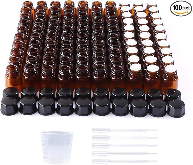 131-Pack 2ml (5/8 Dram) New Amber Glass Vials w/Black Caps and Orifice Reducers