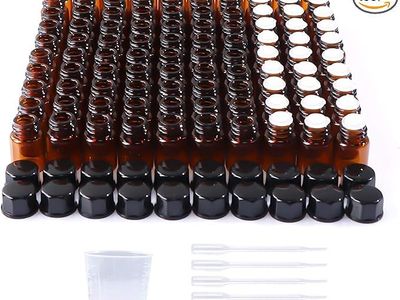131-Pack 2ml (5/8 Dram) New Amber Glass Vials w/Black Caps and Orifice Reducers