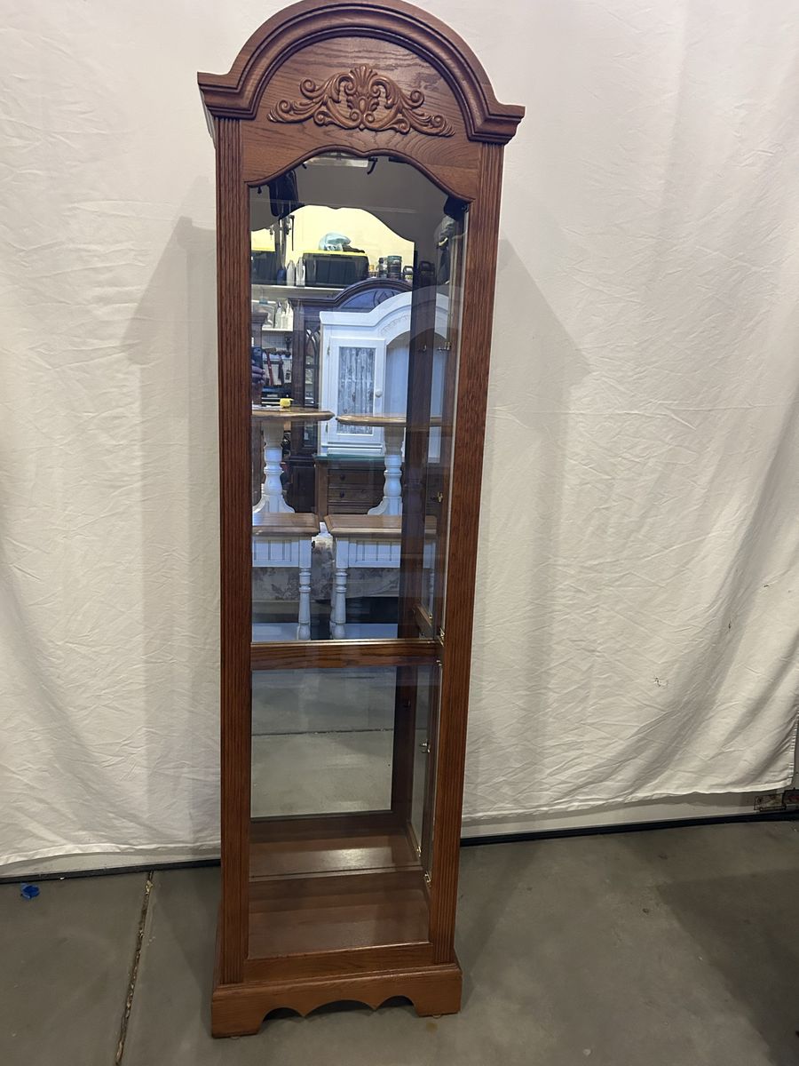 Vintage Oak Curio Cabinet with Carved Shell Detail & Mirrored Back