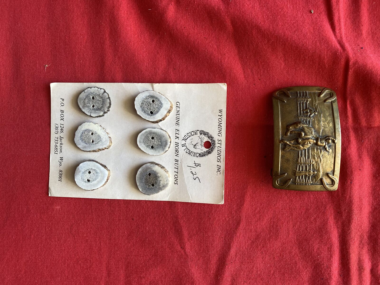 Elk antler buttons and brass belt buckle