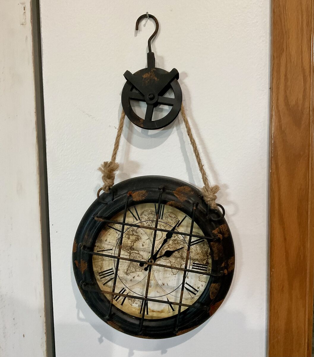 Melrose Int Metal French Industrial hanging clock with pulley