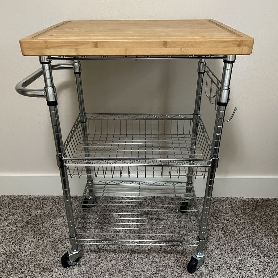 Chrome Wire Kitchen Cart with Wood Cutting Board Top and Wheels