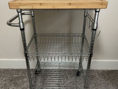 Chrome Wire Kitchen Cart with Wood Cutting Board Top and Wheels