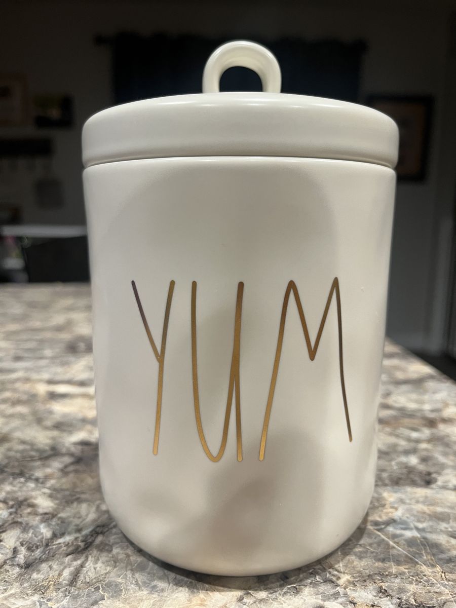 Rae Dunn Artisan Collection "YUM" White Canister with Gold Lettering by Magenta